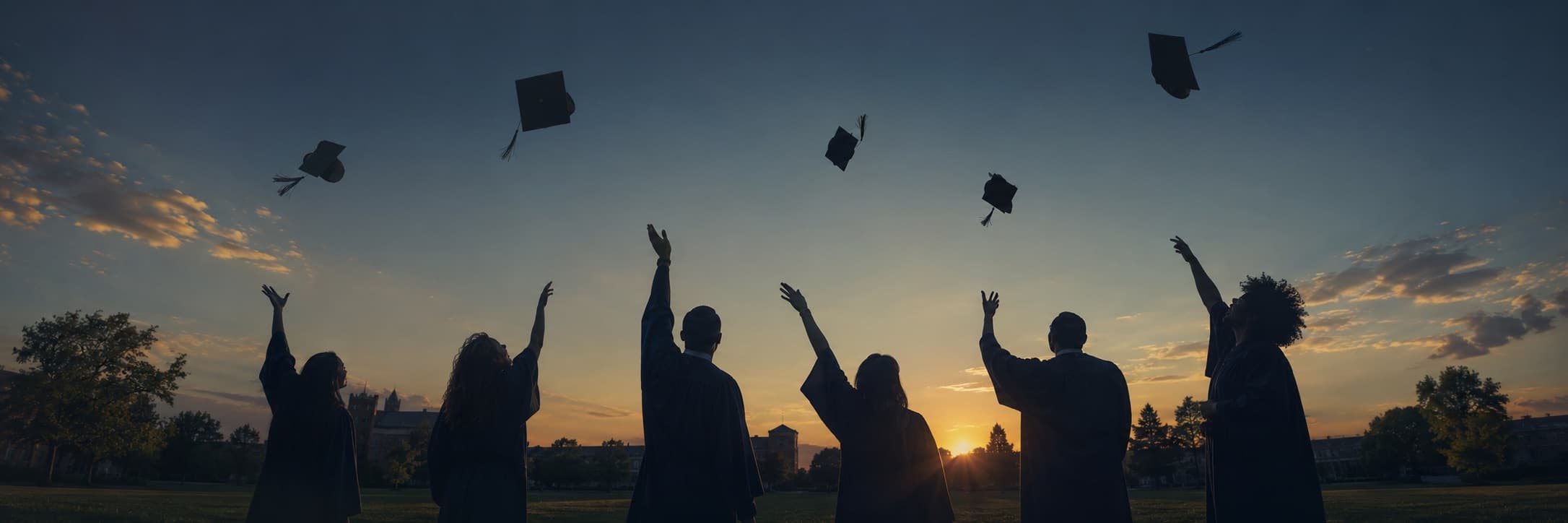 Six graduates in gowns throwing their caps into a sunset sky